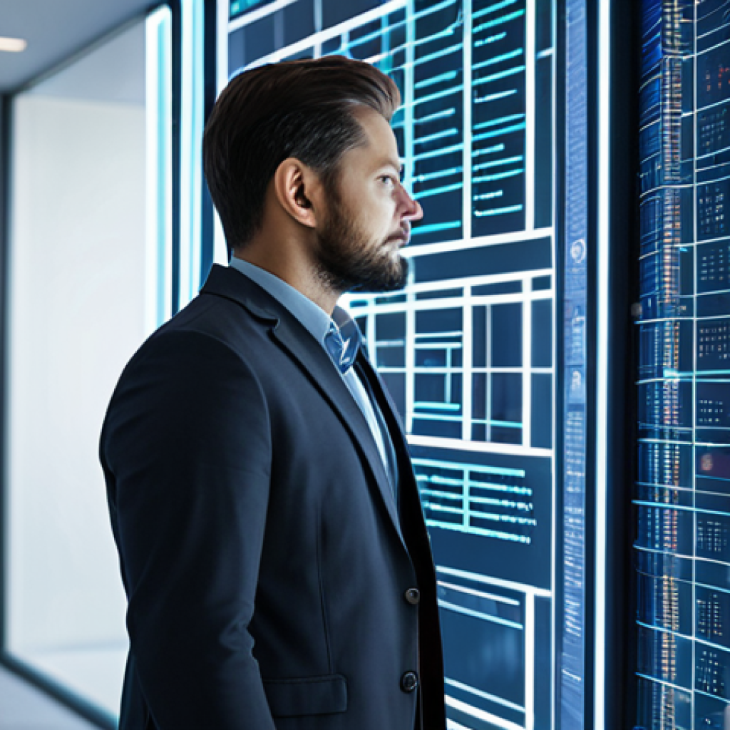 A visionary AI developer, appearing thoughtful and focused, is observing complex data patterns on a translucent holographic display in a high-tech, minimalist office. The developer is fully clothed in a professional business suit, appropriate attire. The background features subtle abstract representations of ethical AI frameworks and interconnected data nodes. The lighting is soft and analytical. Safe for work, appropriate content, modest, perfect anatomy, correct proportions, natural pose, well-formed hands, proper finger count, natural body proportions, professional photography, high quality.
