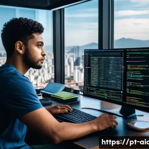 AI 개발자 직무 교육 - A modern Brazilian tech workspace showing a young professional coding AI algorithms on a large scree...