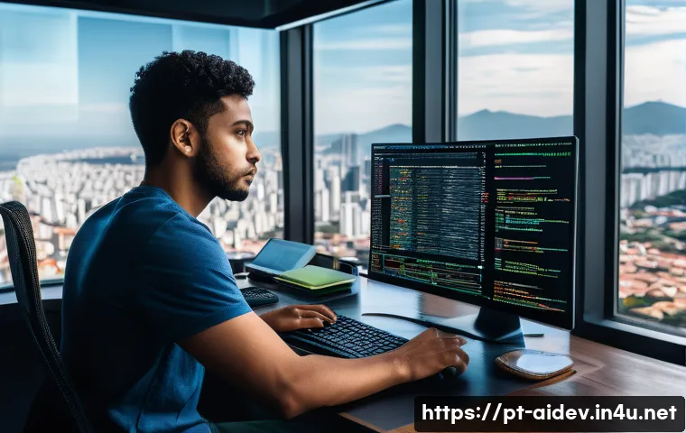 AI 개발자 직무 교육 - A modern Brazilian tech workspace showing a young professional coding AI algorithms on a large scree...