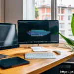 AI 개발자 실무 경험 - A modern home office setup in a bright São Paulo apartment, featuring a young Brazilian professional...