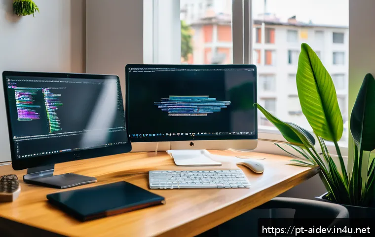 AI 개발자 실무 경험 - A modern home office setup in a bright São Paulo apartment, featuring a young Brazilian professional...