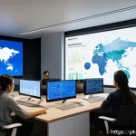 AI 개발자의 역할과 책임 - A modern Brazilian tech office scene showing a diverse team of AI developers and ethicists collabora...