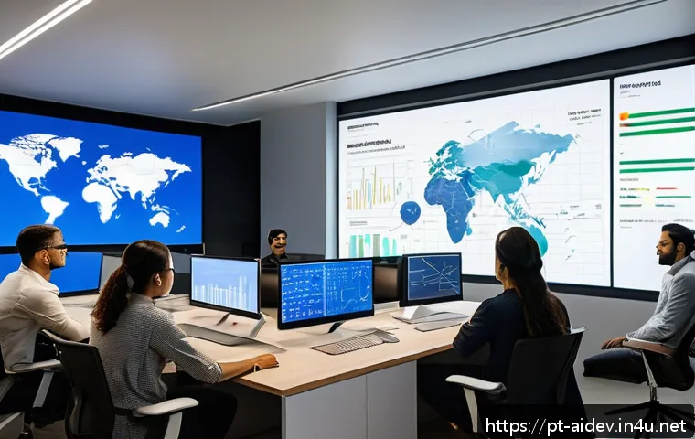 AI 개발자의 역할과 책임 - A modern Brazilian tech office scene showing a diverse team of AI developers and ethicists collabora...